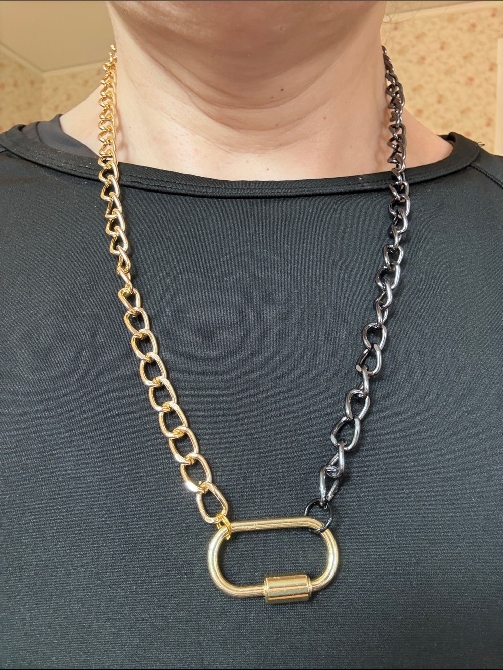 Hand-Crafted Two-Tone Gold and Black Chain Necklace with Carabiner Lock